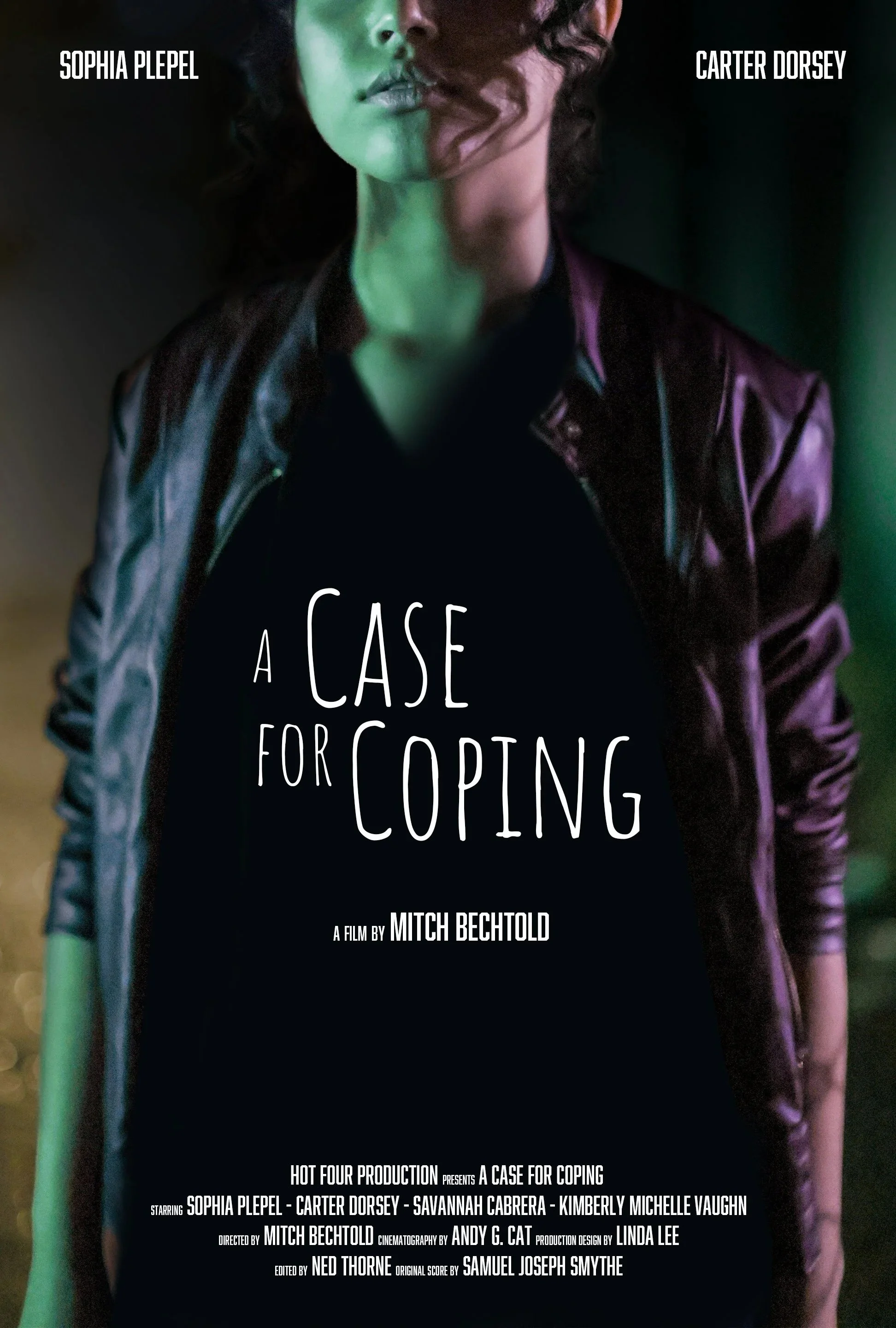 Movie poster for 'A Case for Coping' featuring a woman with curly hair in a leather jacket, with the film's title and credits. Short film, heartfelt noir, detective mystery.