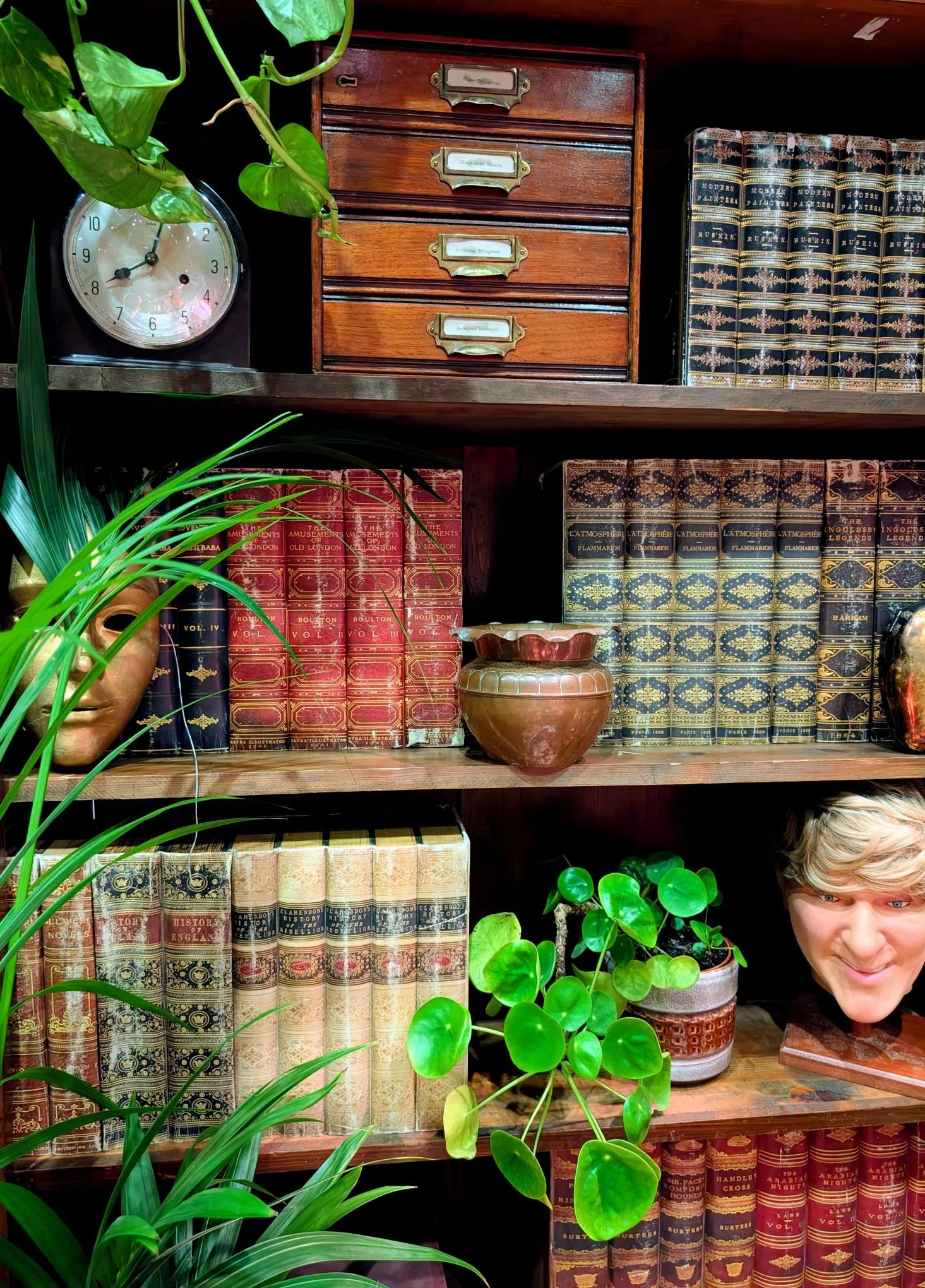 Bookshelf filled with antique books, potted plants, a vintage clock, a wooden storage box, and decorative objects including a mask and a human face sculpture, all in a cozy, vintage-style room.