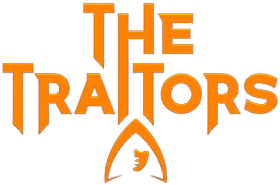 Logo for 'The Traitors' with stylized text and a hooded figure silhouette