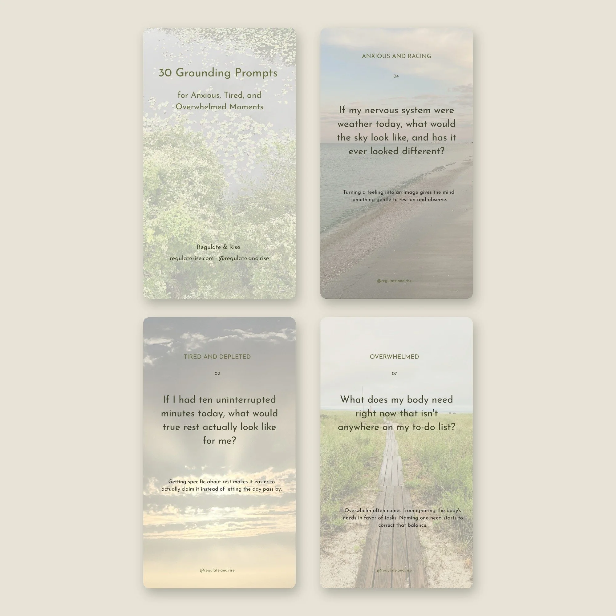 Grounding Prompt Cards from Regulate & Rise, four cards with nature photos and prompts for anxiety, overwhelm, and rest.
