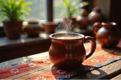 A steaming cup of hot beverage on a wooden surface with decorative ceramics and potted plants in the background.