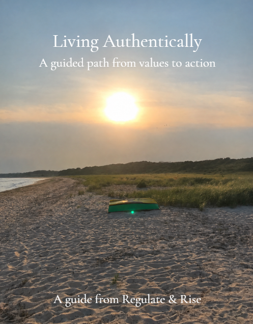 Living Authentically guide from Regulate & Rise, a canoe on the beach at sunset.
