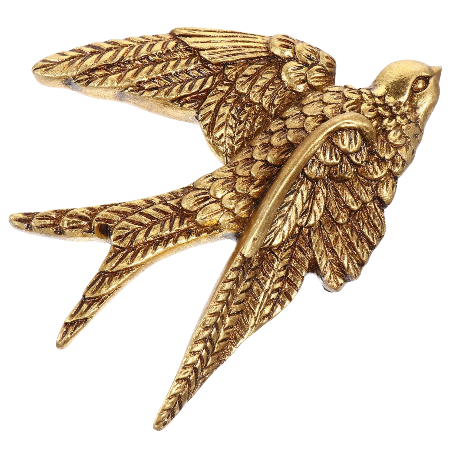 Gold-colored brooch shaped like a bird with detailed textured feathers.