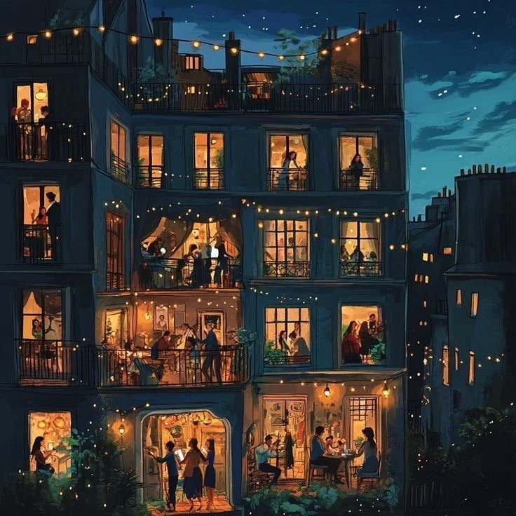 Animated evening scene of a multi-story apartment building with lit windows showing people inside enjoying social activities, string lights hang across balconies, creating a festive atmosphere.
