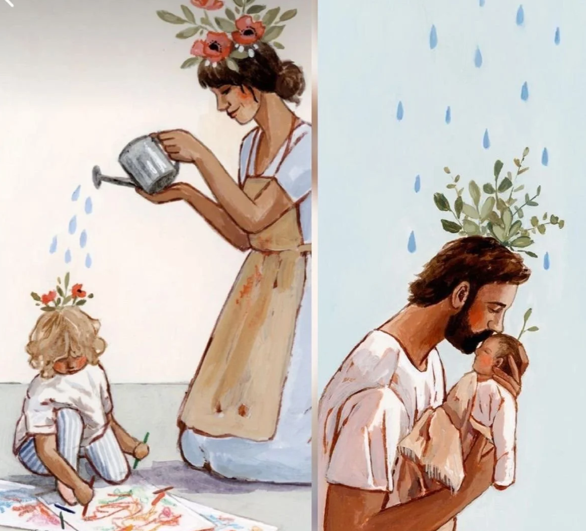 Left side: a woman wearing a flower crown and apron is watering a child's drawing on the floor, with the child sitting and drawing in front. Right side: a man is holding a baby, and they are sharing a tender moment under a rain depicted with blue drops and green leaves in the background.