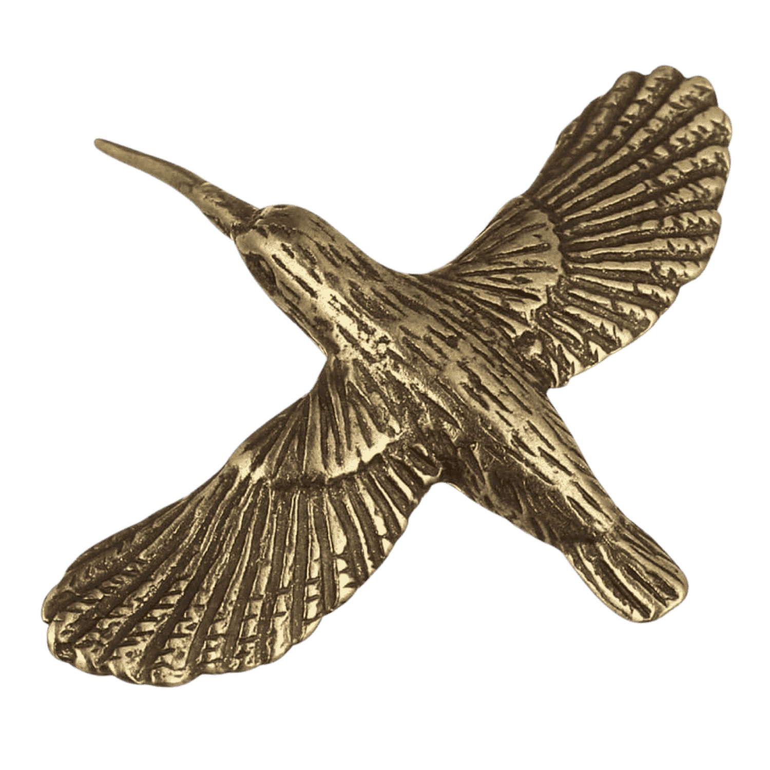 Gold-colored hummingbird figurine with outstretched wings and a long beak, isolated on black background.