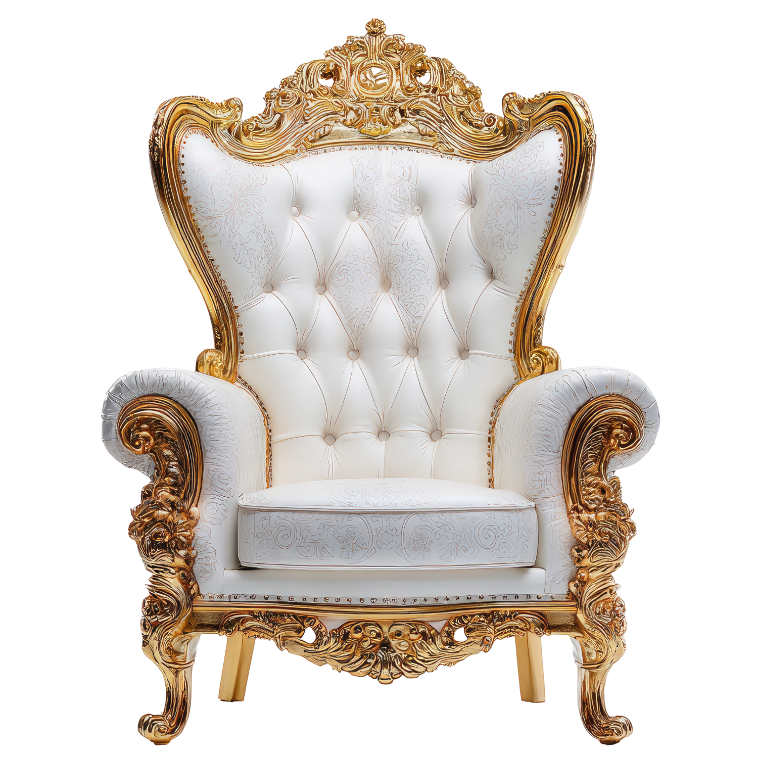 A luxurious white and gold throne chair with intricate carved gold detailing on the frame and white upholstery, including button tufting and detailed patterns.