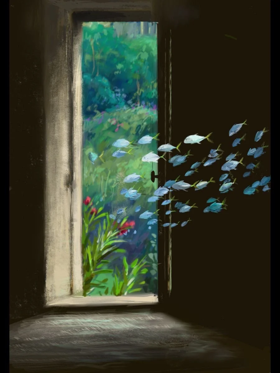 Open window with sunlight streaming in, revealing a lush green garden with colorful flowers. Small fish appear to be flying out of the window into the dark interior.