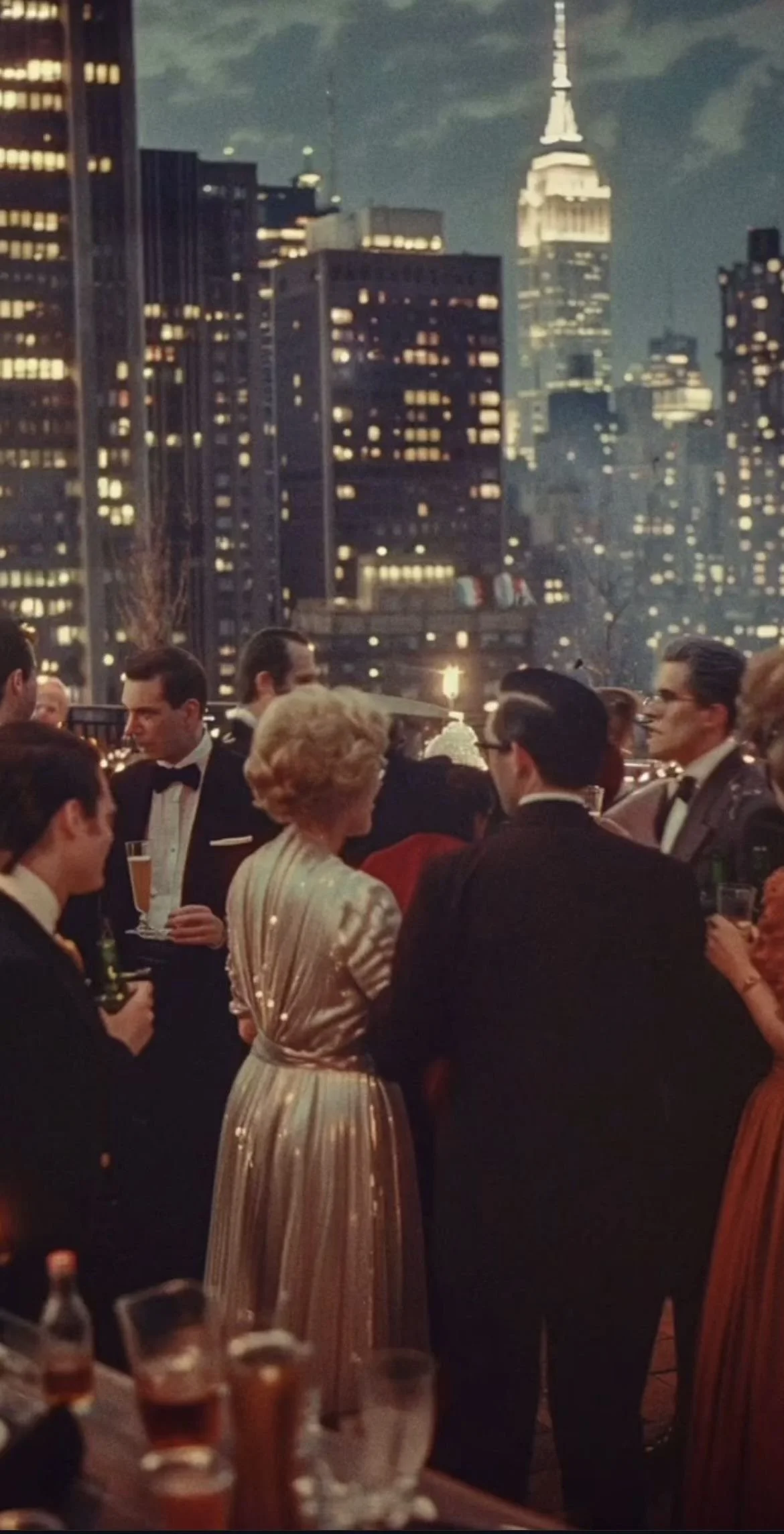 People dressed in formal attire, including tuxedos and elegant dresses, socializing at a nighttime event on a rooftop with a city skyline and Empire State Building in the background.