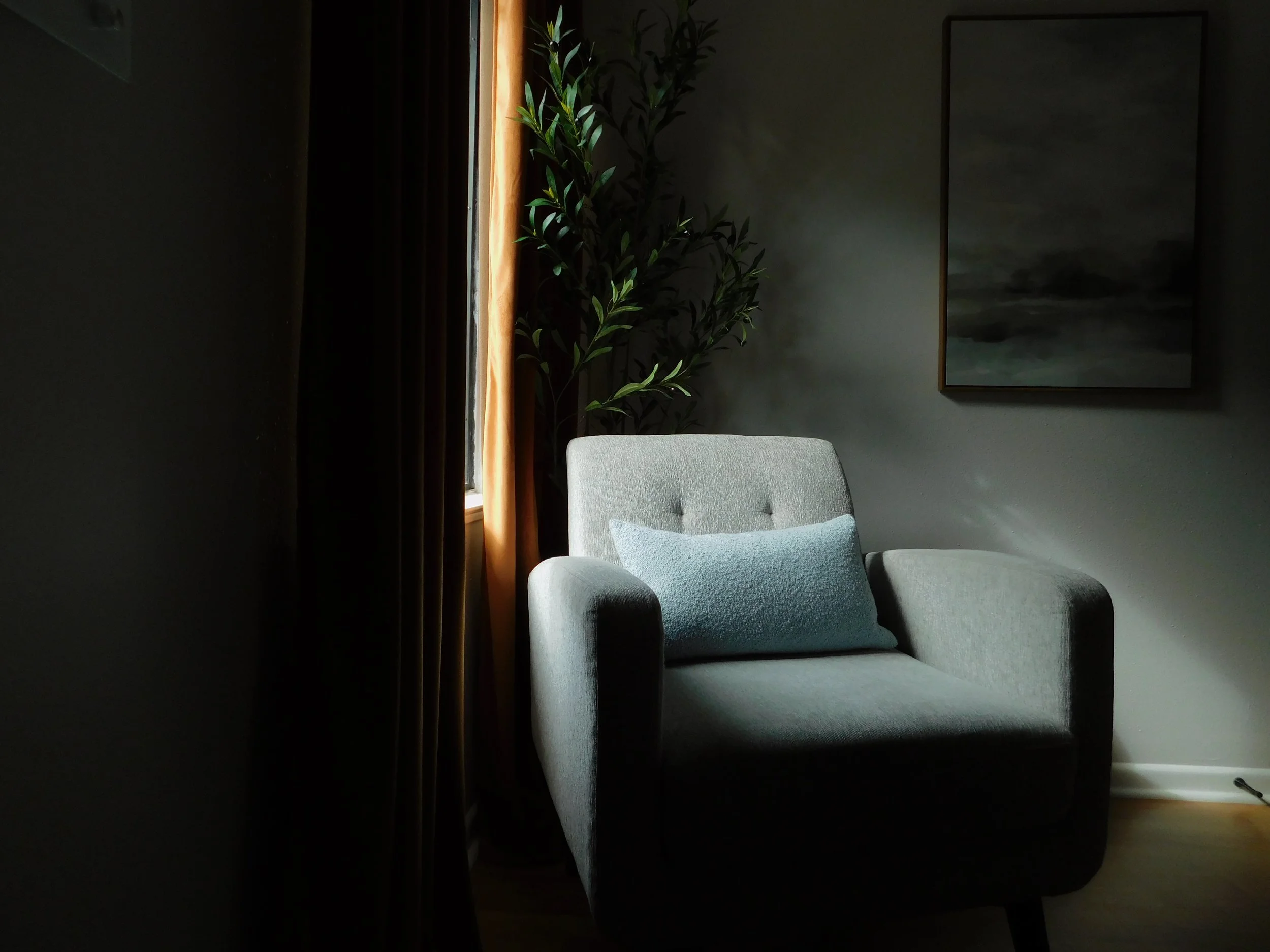 Suite B cozy therapy office with natural light, available through flexible and reserved therapy office memberships.