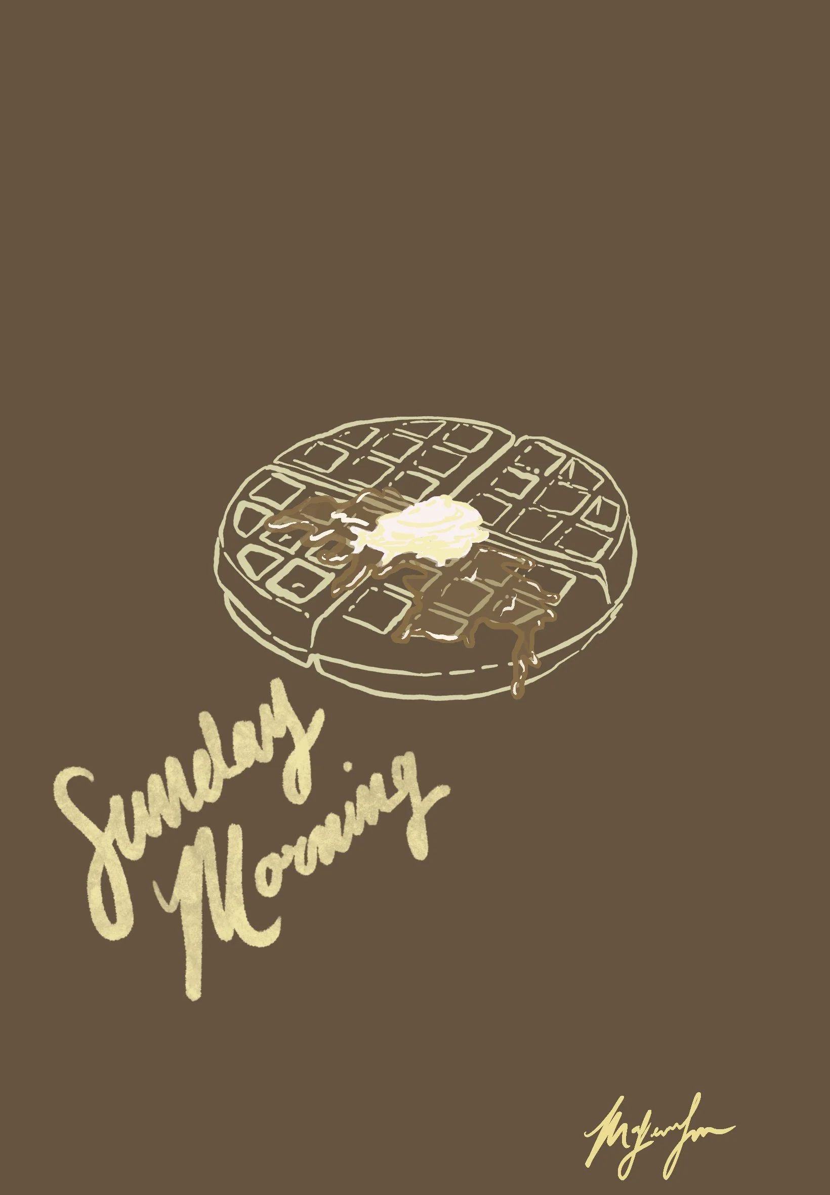 Illustration of a waffle with butter melt and syrup, with the handwritten text 'Sunday Morning' on a brown background.