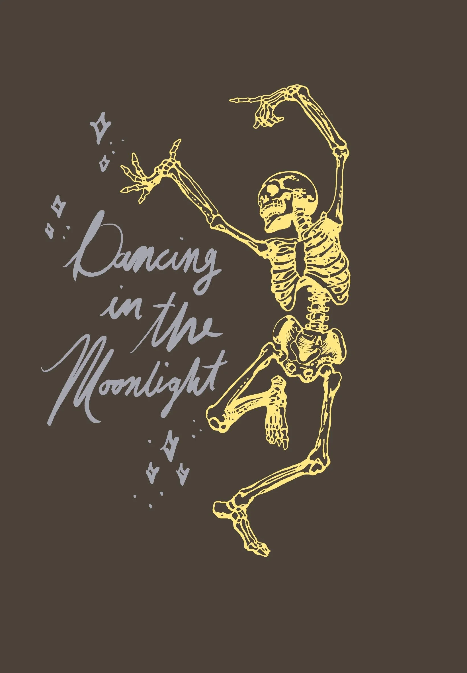 A skeleton dancing with arms raised, surrounded by small decorative shapes, with the text "Dancing in the Moonlight" written in script beside it.