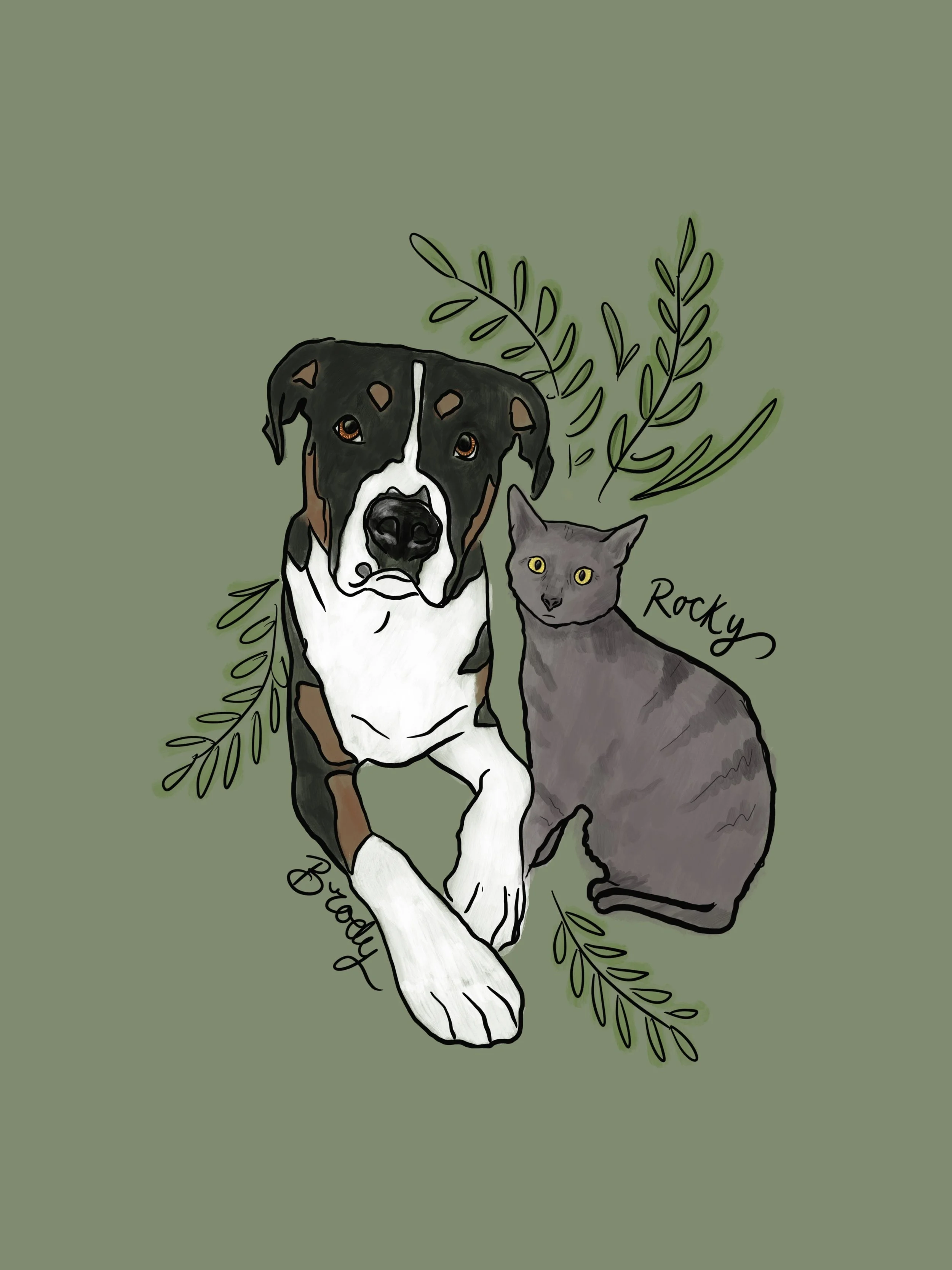 Drawing of a black and brown dog with white chest and paws, sitting next to a gray cat with yellow eyes, on a green background with leafy branches. The dog has the name "Buddy" written below, and the cat has the name "Rocky" written above.