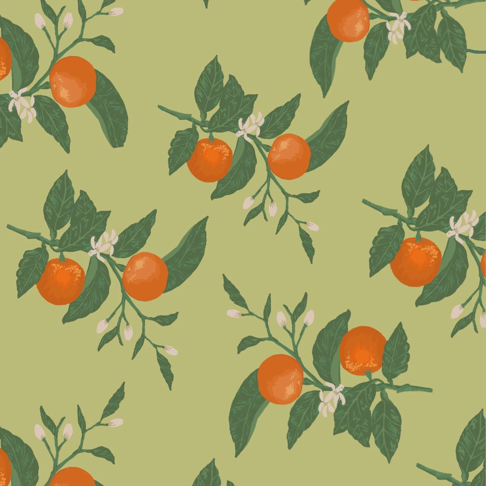 Pattern featuring orange citrus fruits on branches with green leaves and white flowers on a light green background.