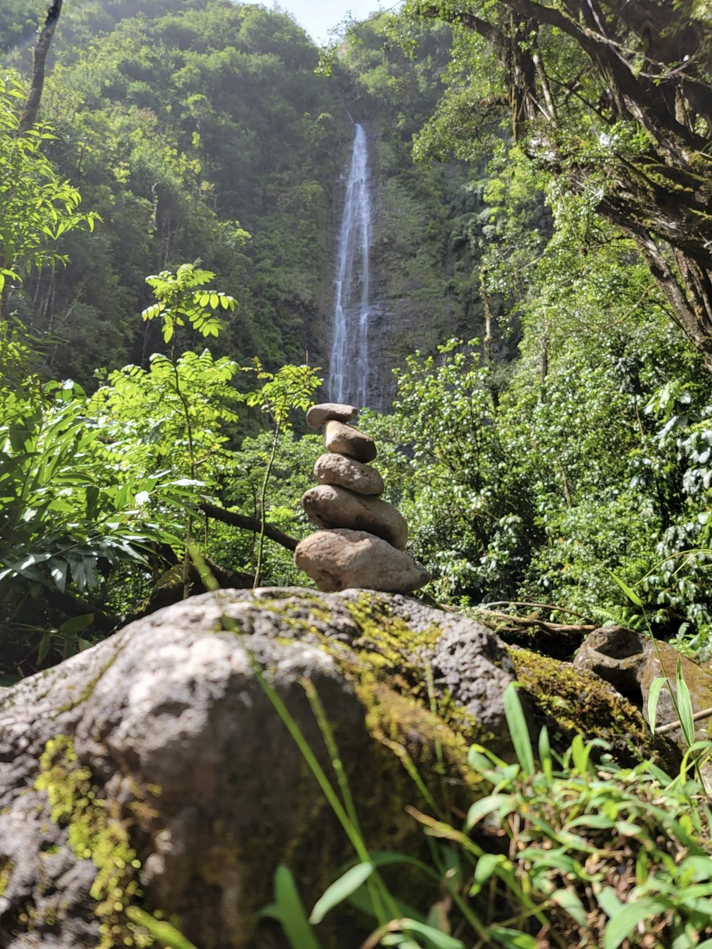 A pile of balanced rocks on a rock in a lush green forest, with a tall waterfall cascading down a cliff in the background.