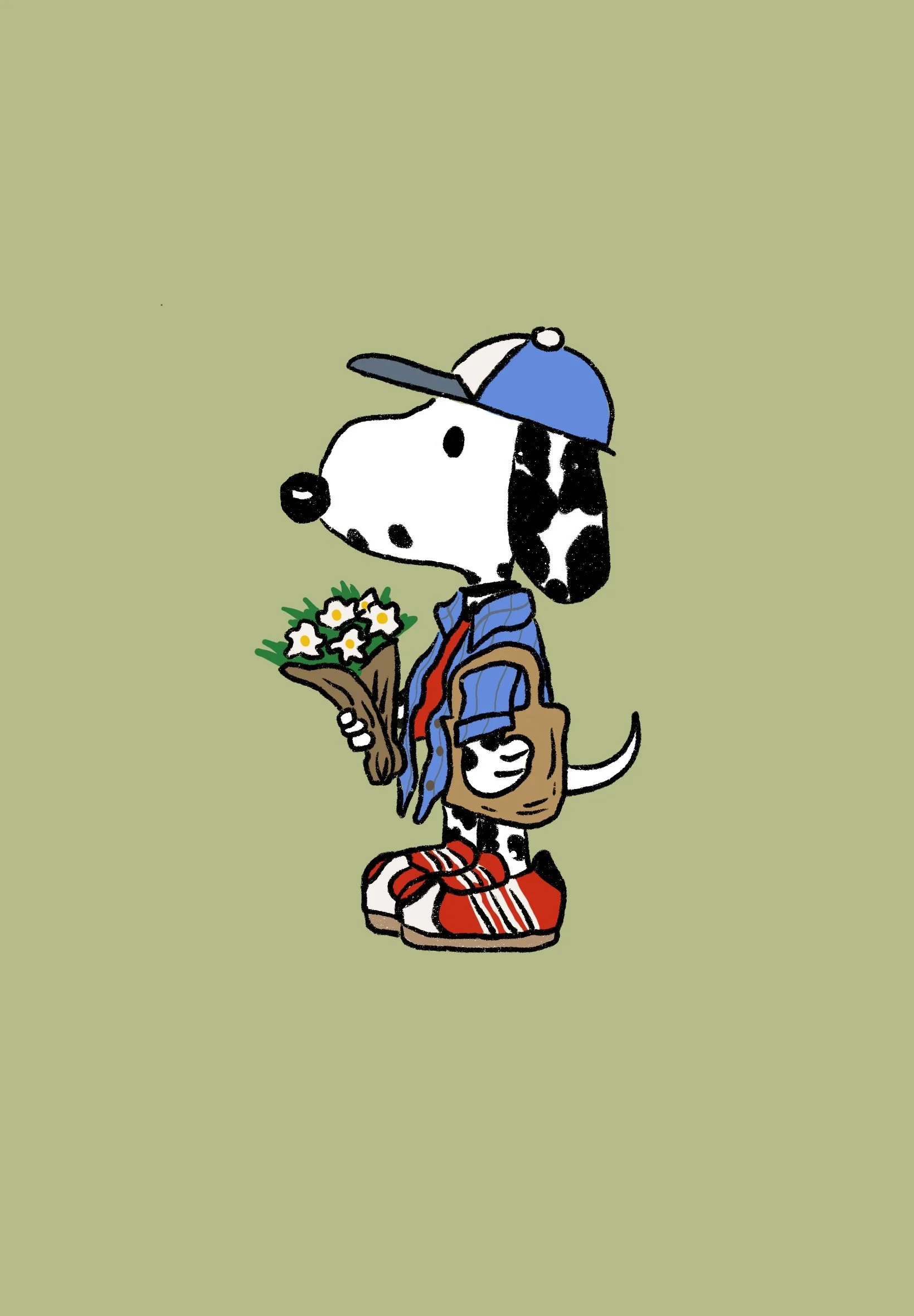 Drawing of a cartoon dog standing on a green background. The dog is wearing a blue cap, a blue jacket, red shoes, and is holding a flower bouquet. It also has a small bag hanging on its side.