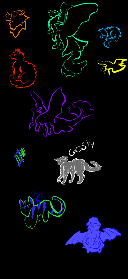 A bunch of random sketches. I wanted to test out different colors on black.