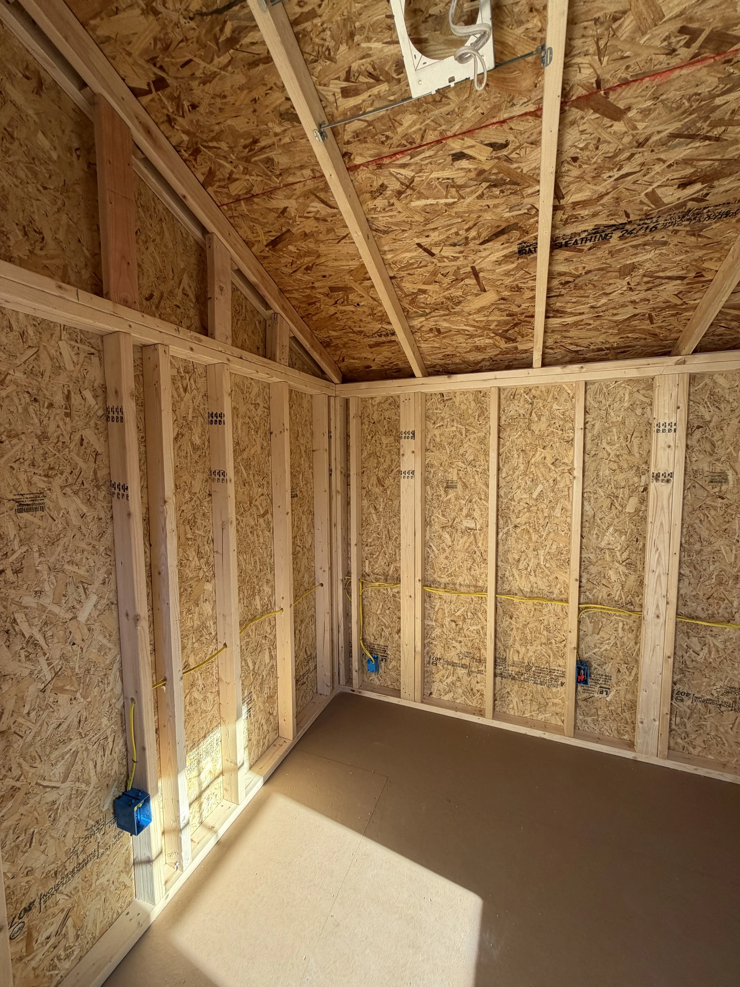 Construction interior with unfinished walls and ceiling, electrical wiring, and outlets.