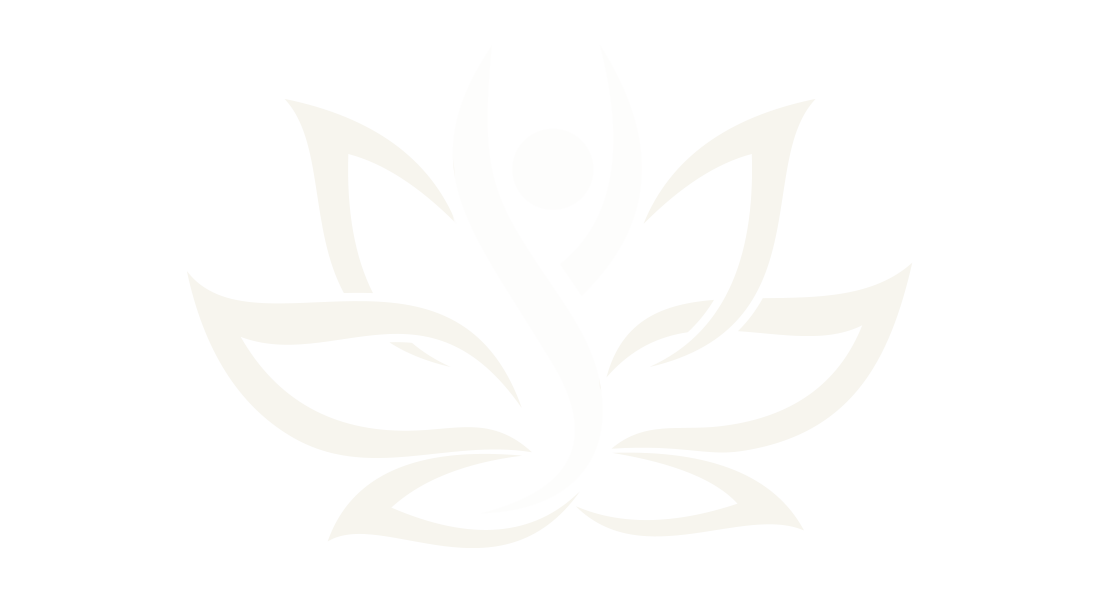 Simplified black and white lotus flower design with a human figure at the center.