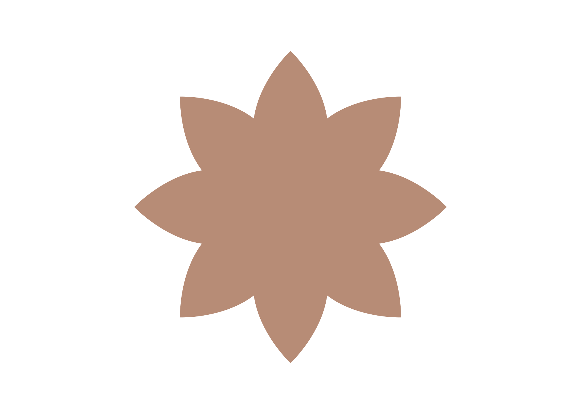A symmetrical beige rosette or flower shape with eight petals against a black background.