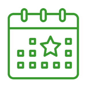Green calendar icon with a star and small squares indicating events or dates.