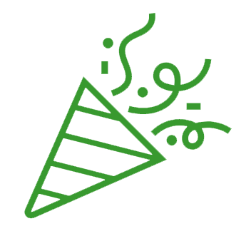 Line drawing of a party confetti cone with streamers and circular confetti pieces in green.