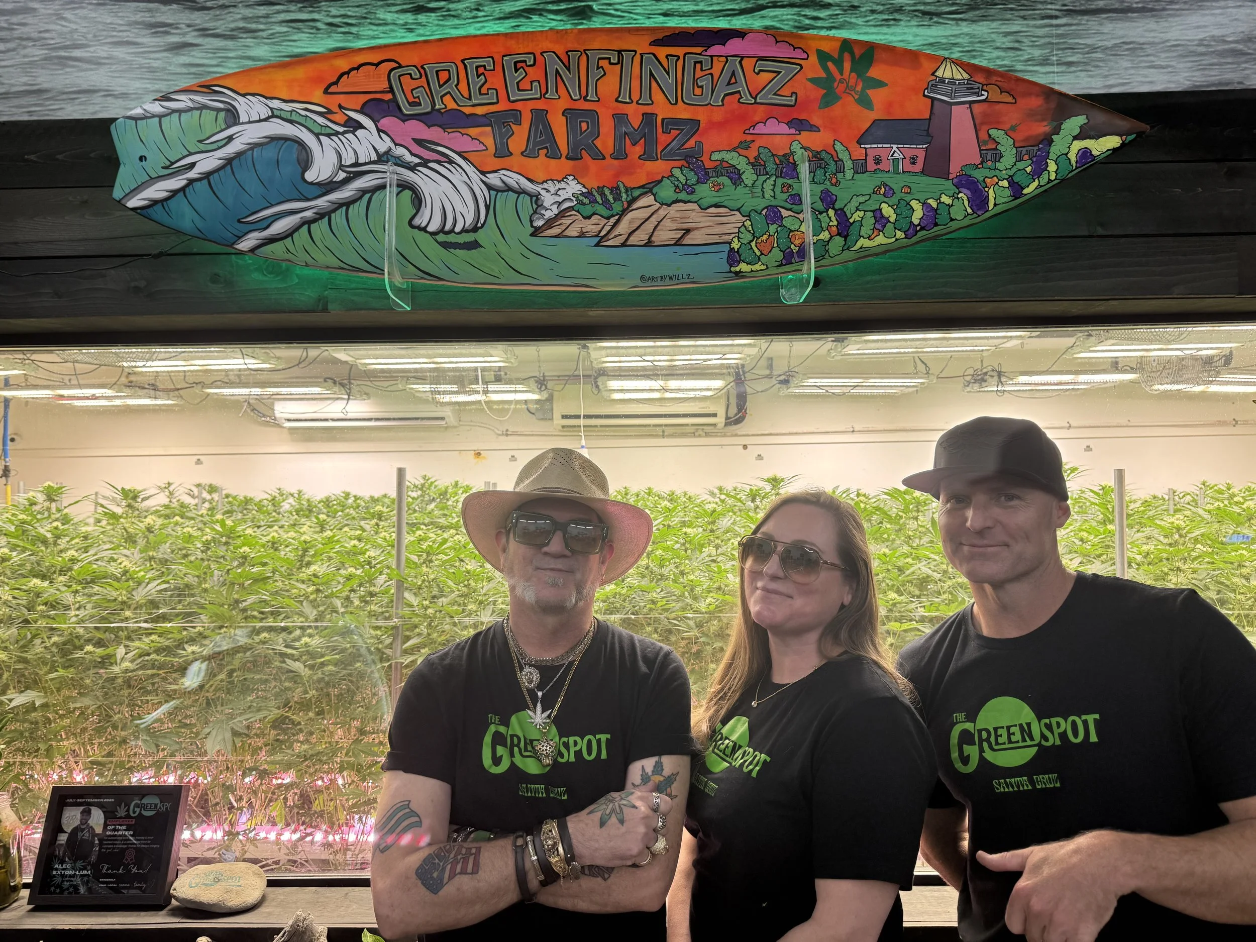 Three people standing in front of a cannabis grow room, wearing black T-shirts with green logo and text 'The Green Spot Santa Cruz,' inside a cannabis cultivation facility with lush green plants, and a colorful mural signs 'Greenfingaz Farmz' with a stylized landscape.