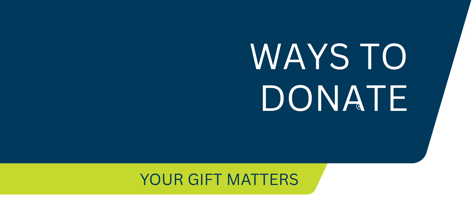 A graphic with a dark blue background and a green strip at the bottom. The text in white says "Ways to Donate" and in dark blue on the green strip it says "Your Gift Matters".