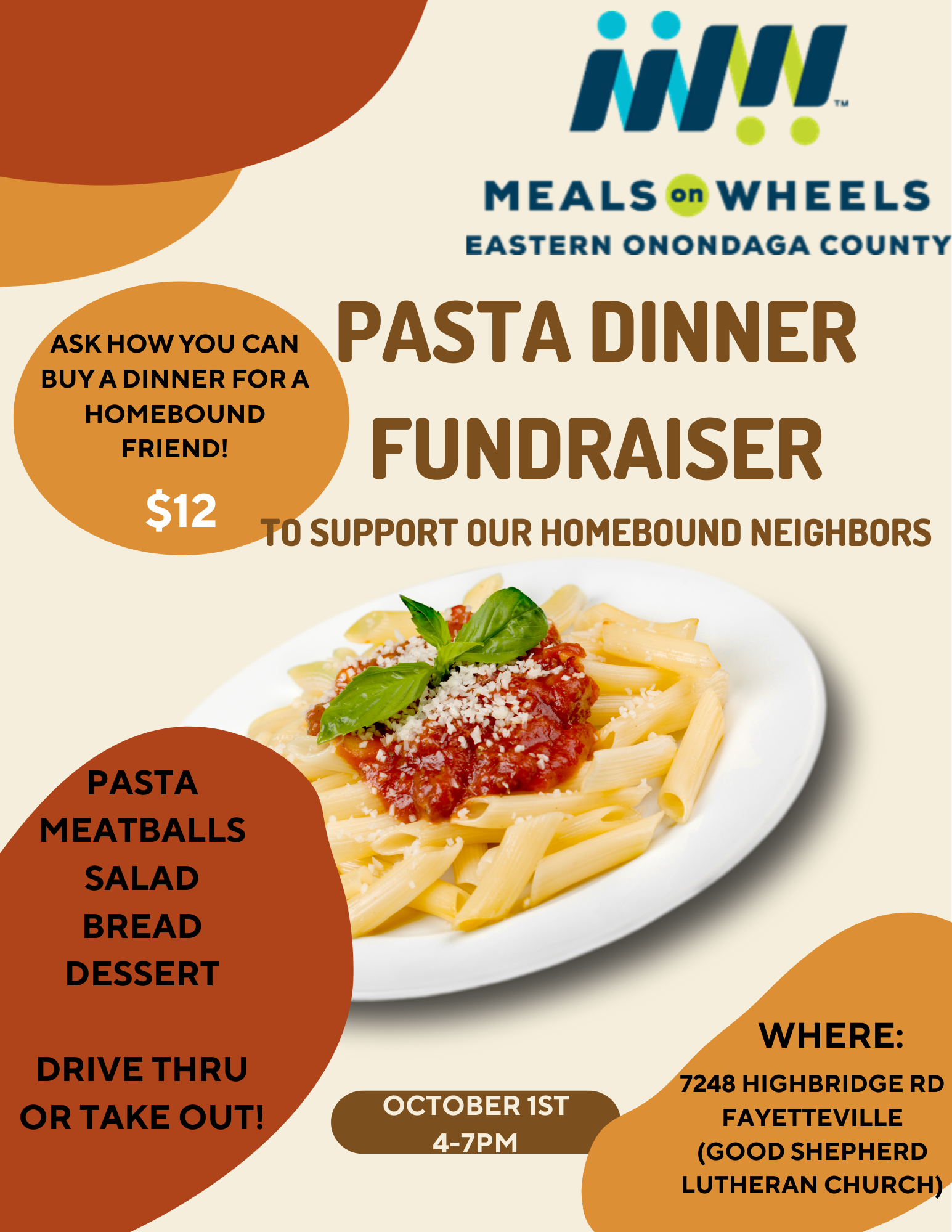 Flyer for Meals on Wheels Eastern Onondaga County promoting a pasta dinner fundraiser. It features a plate of pasta with tomato sauce and basil, and includes details about the event, such as date, time, location, menu items, and contact information.