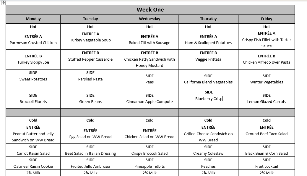 Weekly cafeteria menu for week one, showing daily hot meals, main entrees, sides, cold options, and drinks from Monday to Friday.