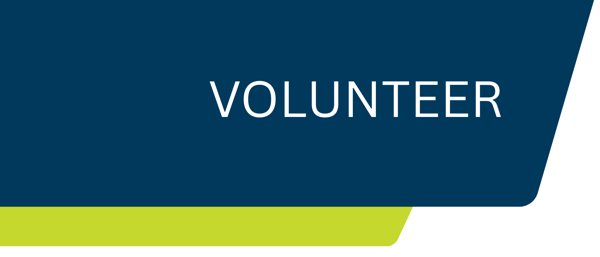 Graphic with the word 'Volunteer' in white text on a blue background with a green stripe at the bottom.