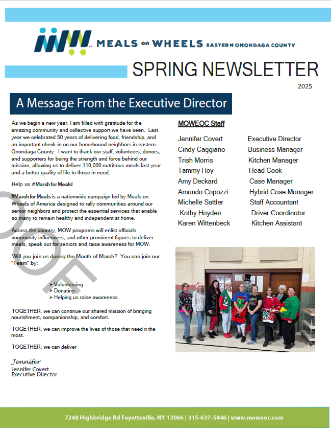 Spring newsletter from Meals on Wheels of Eastern Onondaga County featuring a message from the executive director, a list of staff members, and a group photo of staff in holiday attire standing outside a building.