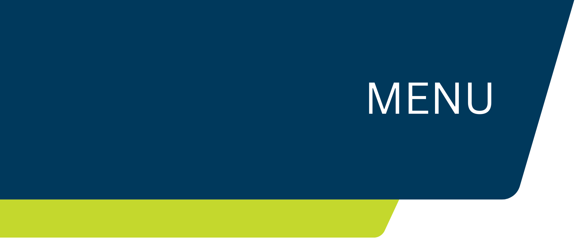 A graphic design of a menu button with a dark blue background, the word 'MENU' in white text, and a lime green accent at the bottom.