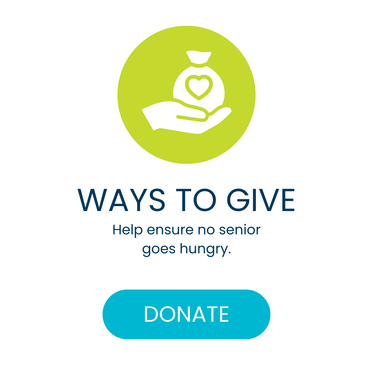 A graphic promoting donations to ensure no senior goes hungry, featuring a hand holding a bag with a heart symbol and a prominent "DONATE" button.