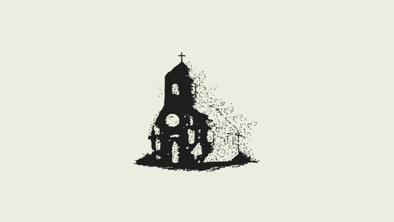 A black silhouette of a church steeple with a cross on top, set against a plain light-colored background.