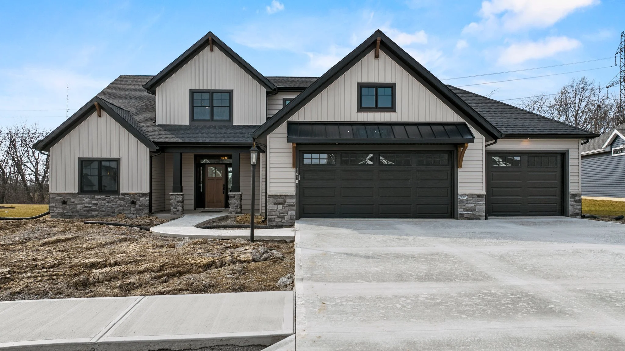Comparison photo of a house exterior showing the difference between a house with and without freshly poured concrete driveway. Left side shows a house with dirt and a rough driveway; right side shows a house with a smooth, finished concrete driveway.