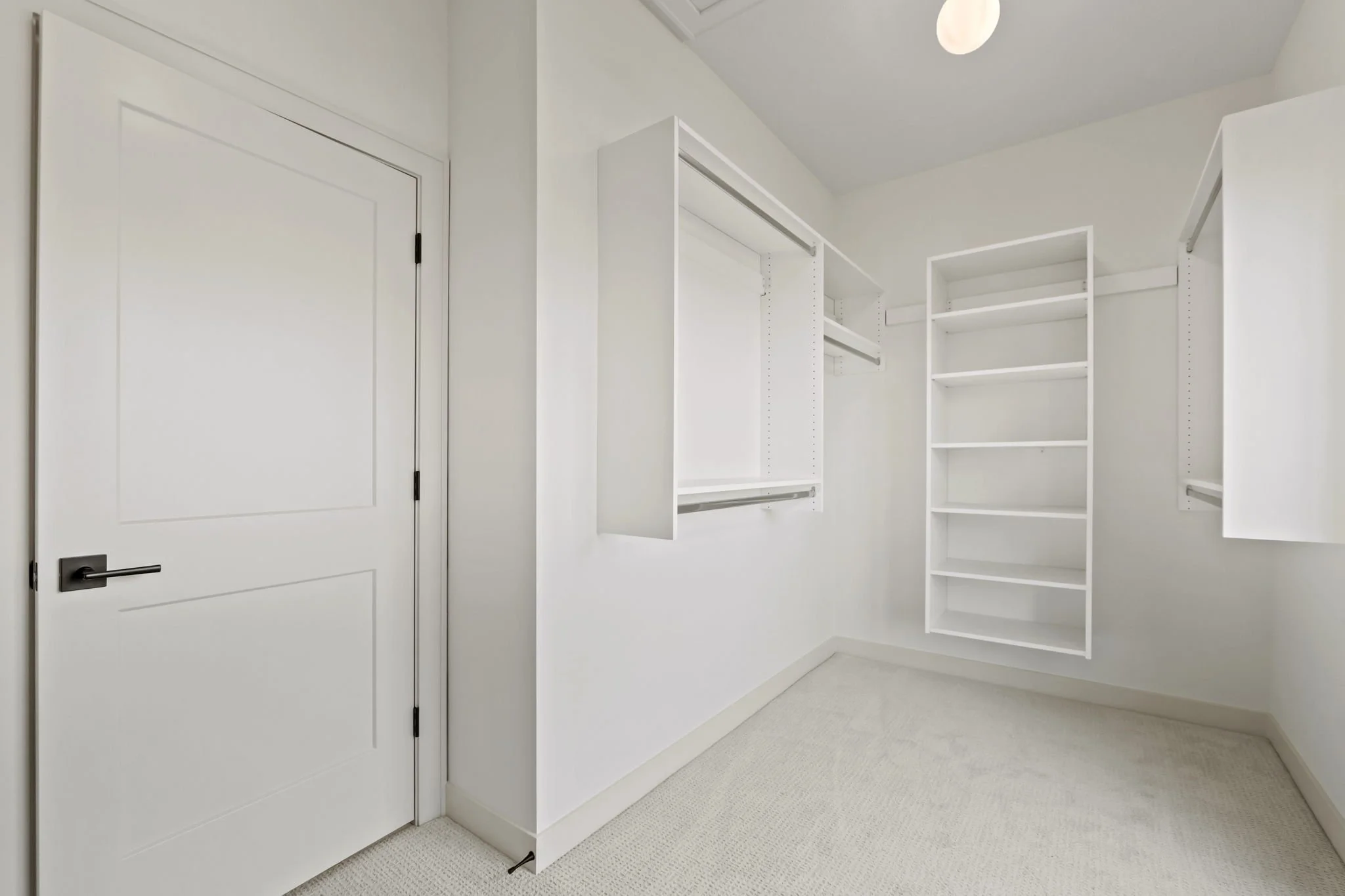 Empty white walk-in closet with built-in shelves and hanging rods, beige carpet, and a closed white door.