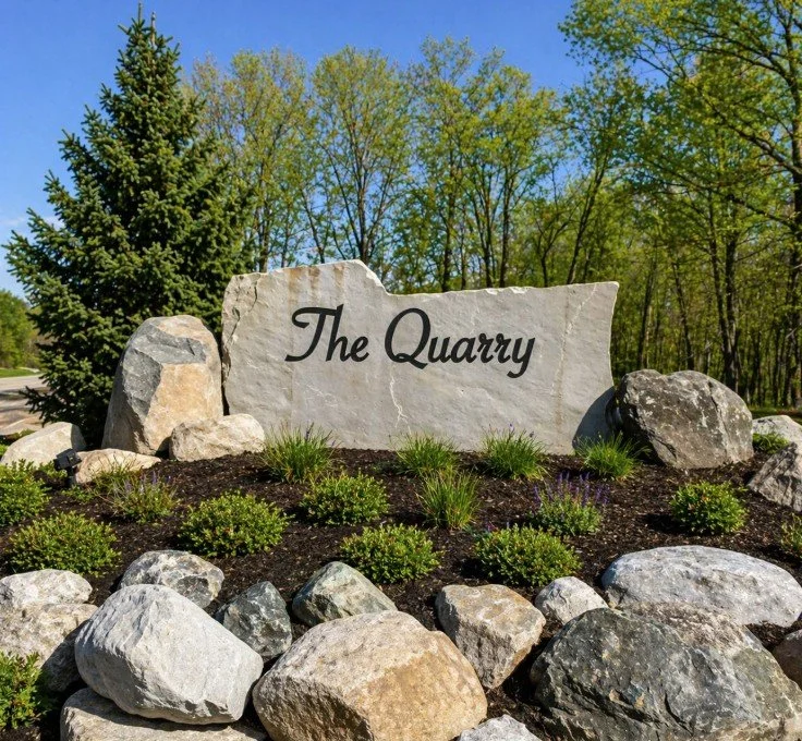 A large beige stone sign with the words "The Quarry" engraved in black, surrounded by rocks and greenery, with trees and a blue sky in the background.