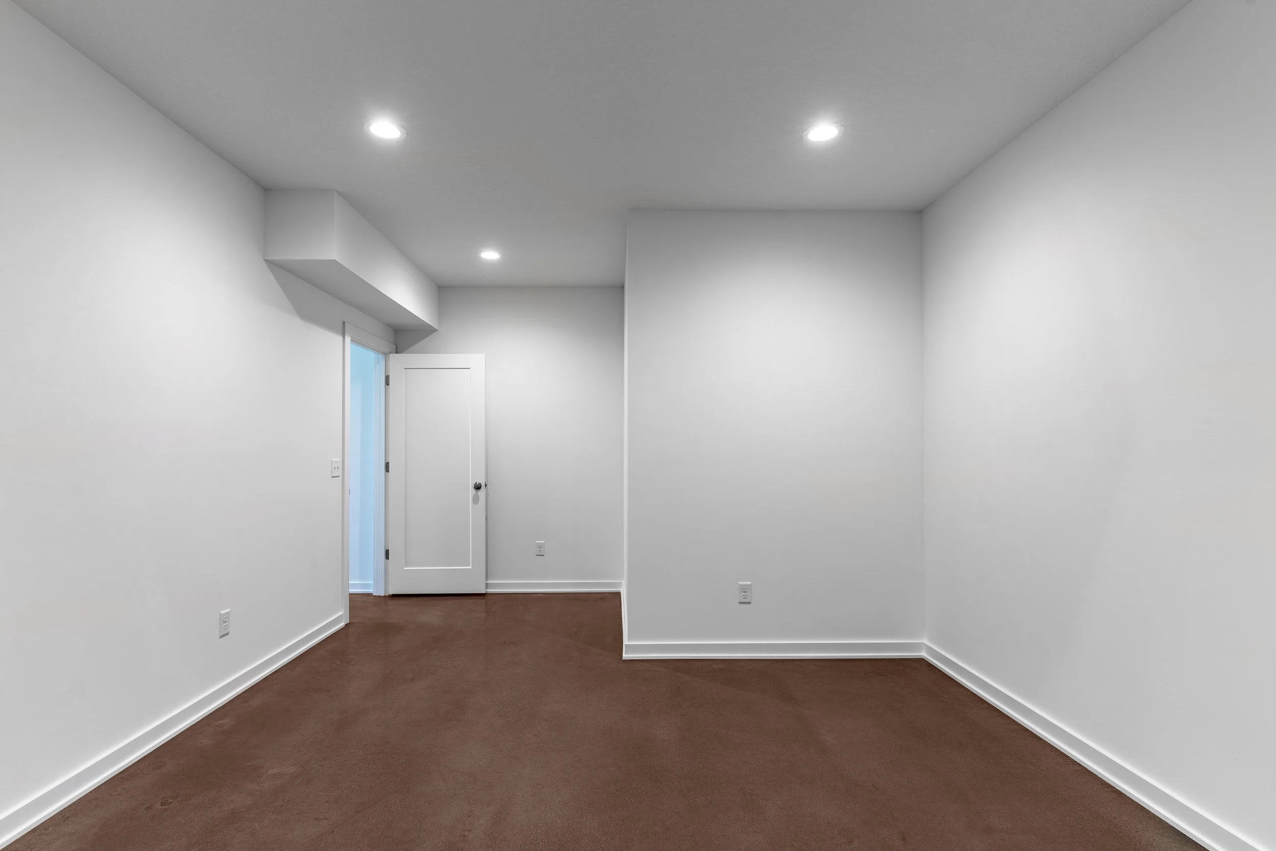 Empty room with white walls, brown carpet, and ceiling lights. There is a door in the back wall.