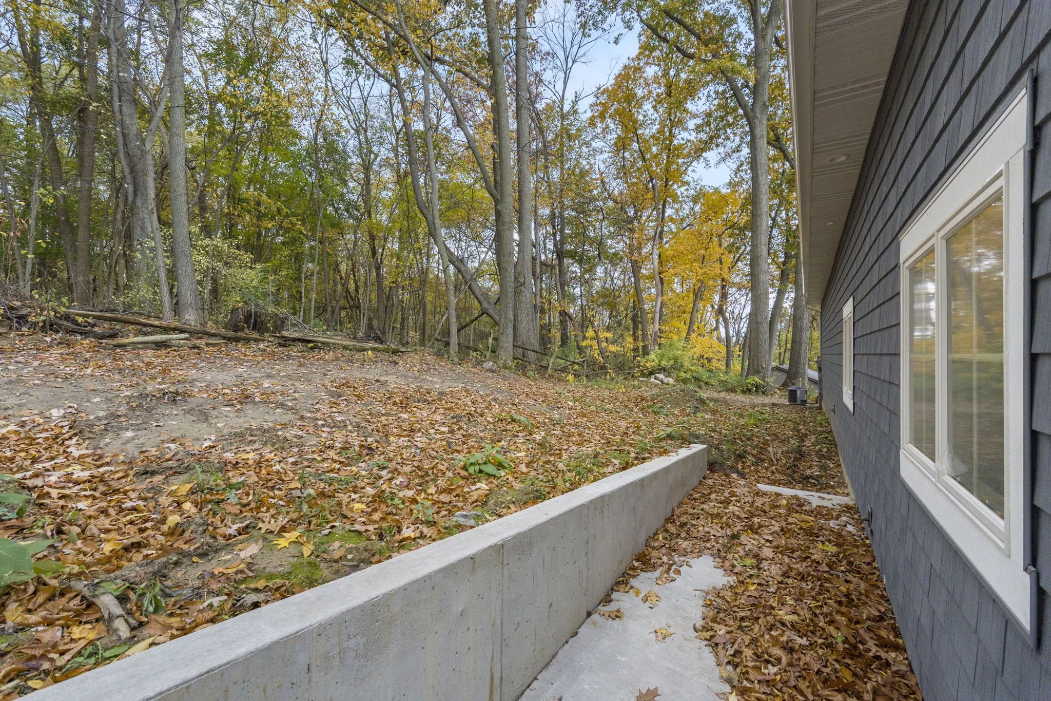Side yard of a house with a concrete walkway and gray siding exterior wall. The yard has fallen autumn leaves, and there are trees with autumn foliage in the background.