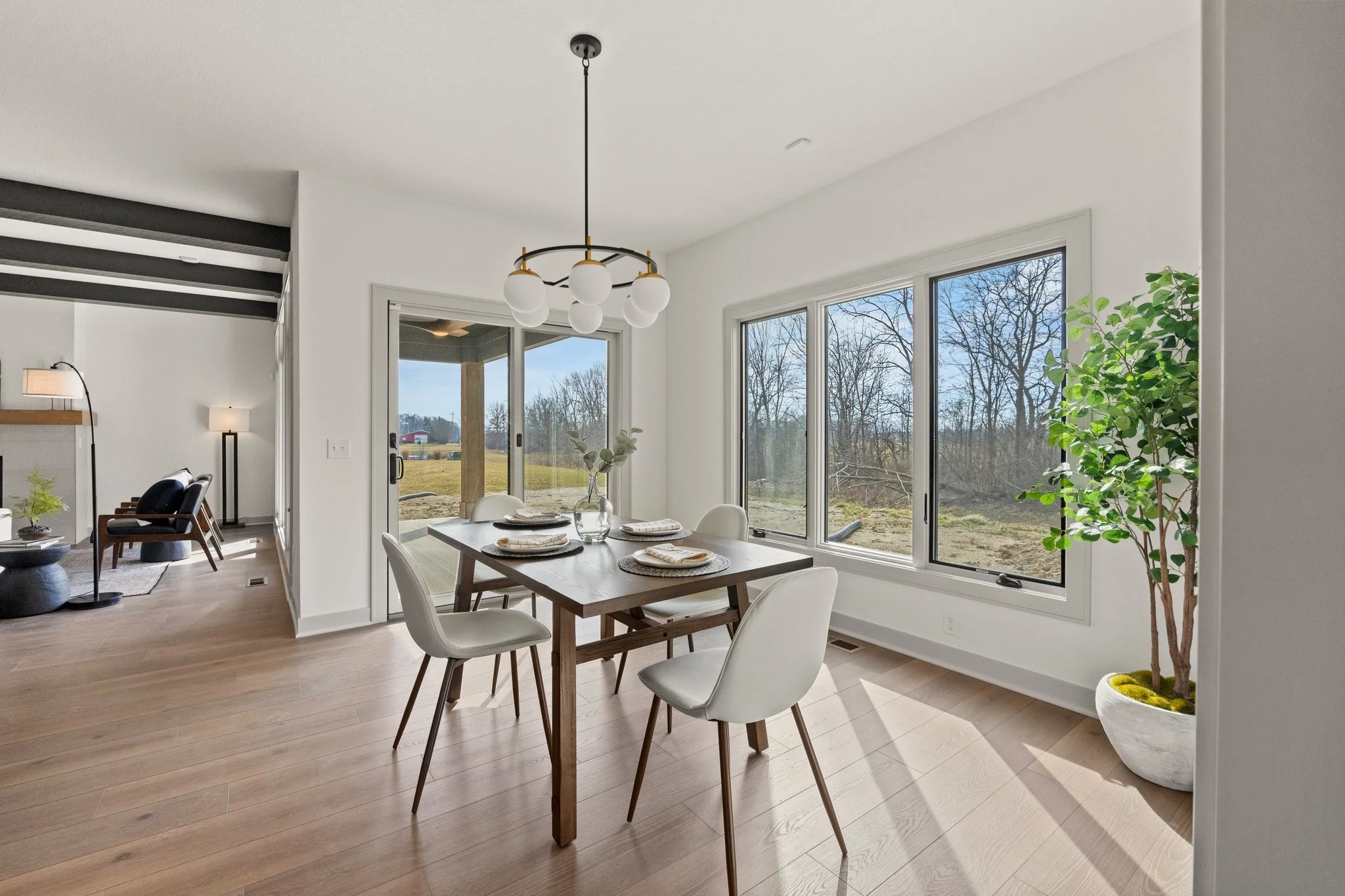 Bright dining room with a wooden table, four white chairs, large windows, and a potted plant in corner, overlooking outdoor landscape.