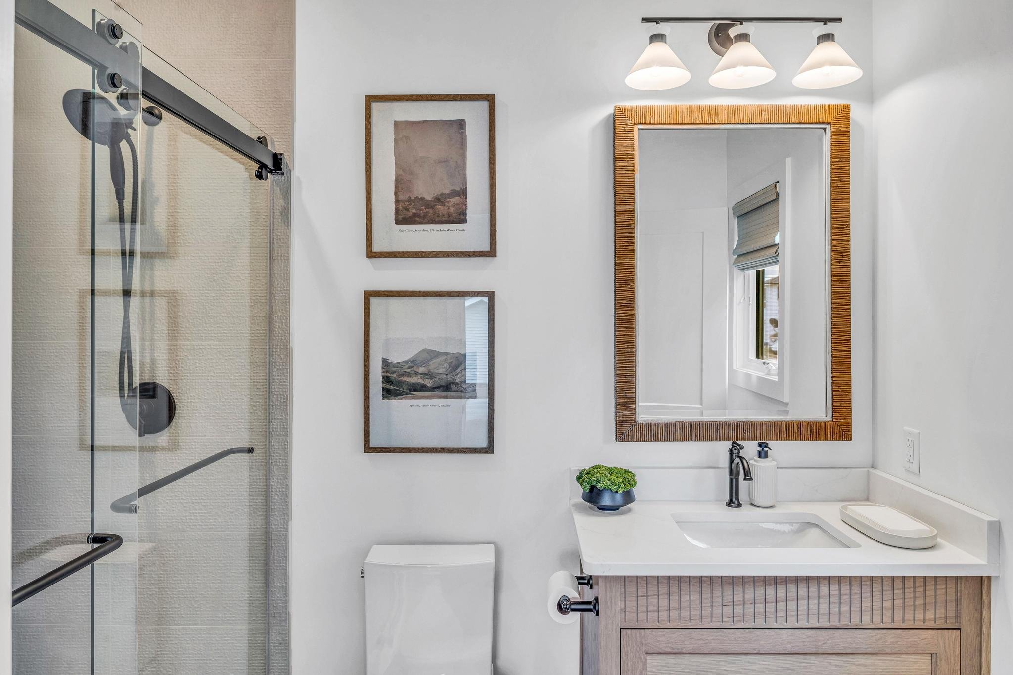 Modern bathroom with a glass shower enclosure, framed mirror, white countertop, black faucet, small plant, and two framed pictures on the wall.