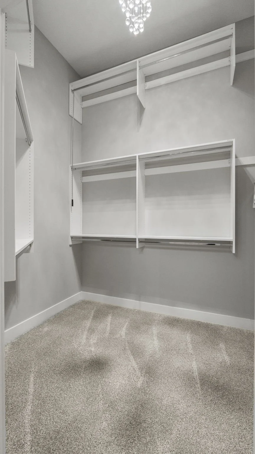 Empty walk-in closet with white shelving units and beige carpet flooring.