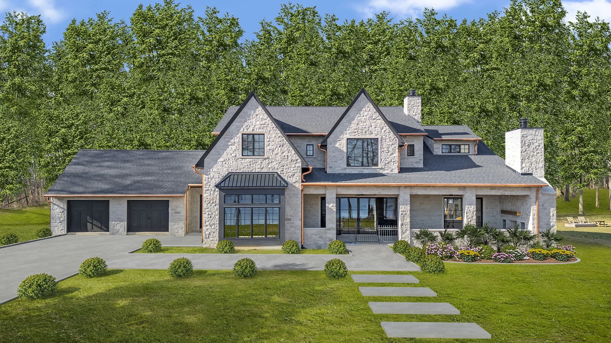 A large modern house with stone exterior walls, black window frames, gray roof, and a garden with trimmed bushes and colorful flowers, surrounded by green grass and trees.