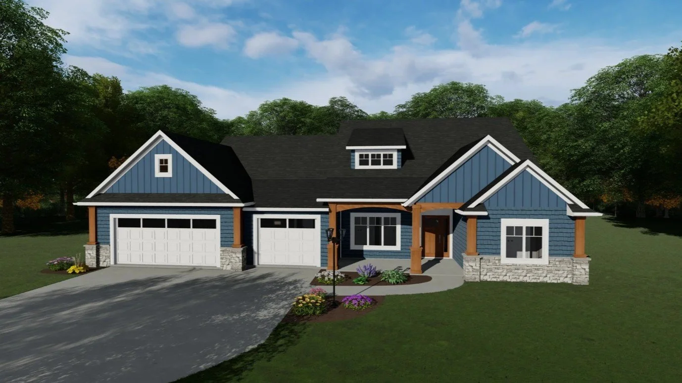 A modern blue house with a stone foundation, dark roof, and white garage doors, surrounded by greenery and a driveway.