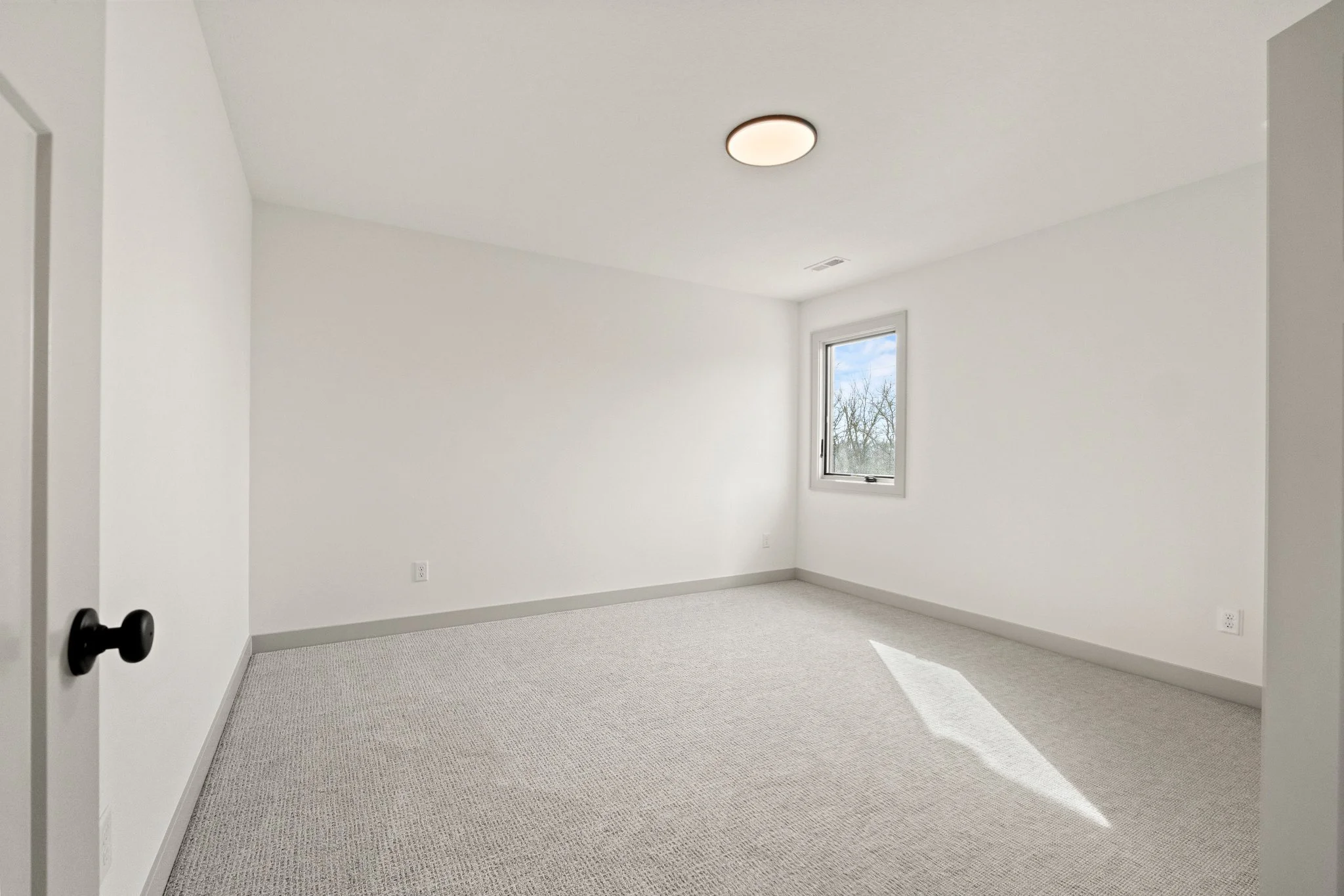 An empty room with white walls, a window letting in natural light, a ceiling light fixture, and a beige carpeted floor. The door to the room is slightly open.