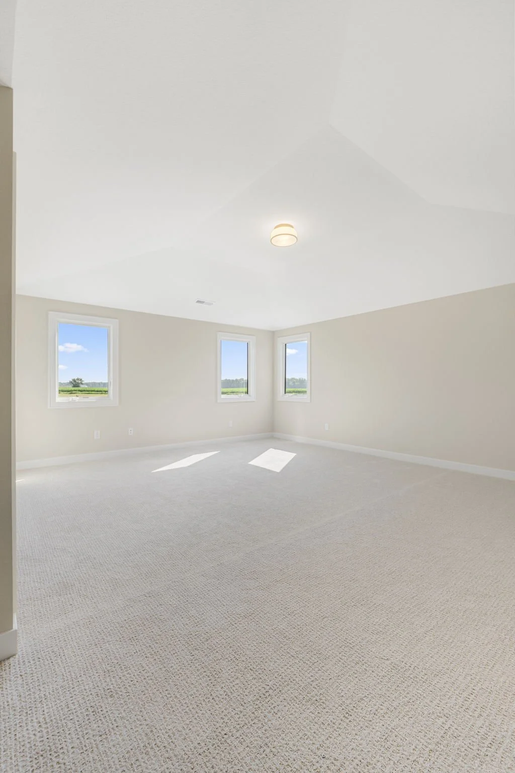Empty room with beige carpet, white walls, three windows showing a green landscape and blue sky, and a ceiling light fixture.