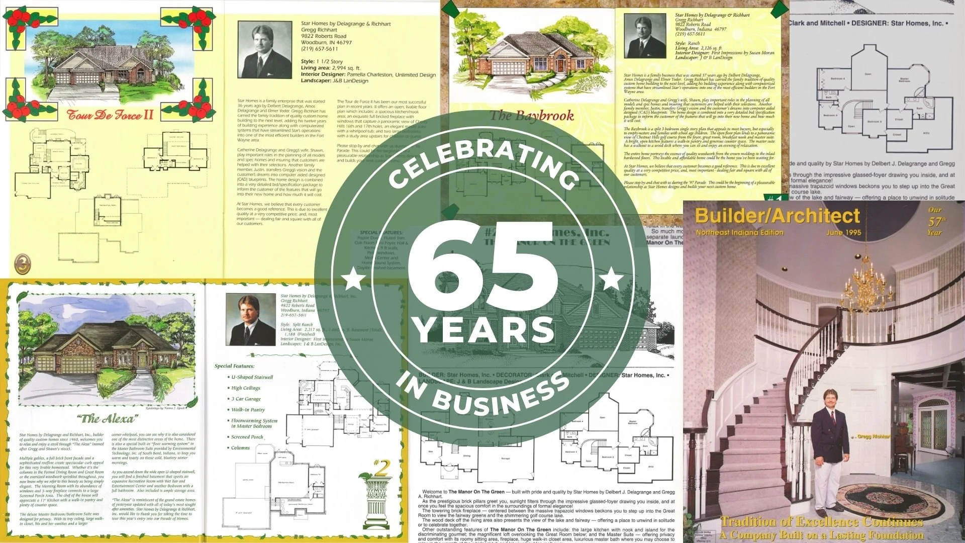 A collage of various house plans, interior and exterior photos, and architectural drawings from a home brochure celebrating 65 years in business. The images include floor plans, a painted house exterior, and a grand staircase interior with a person standing at the bottom.