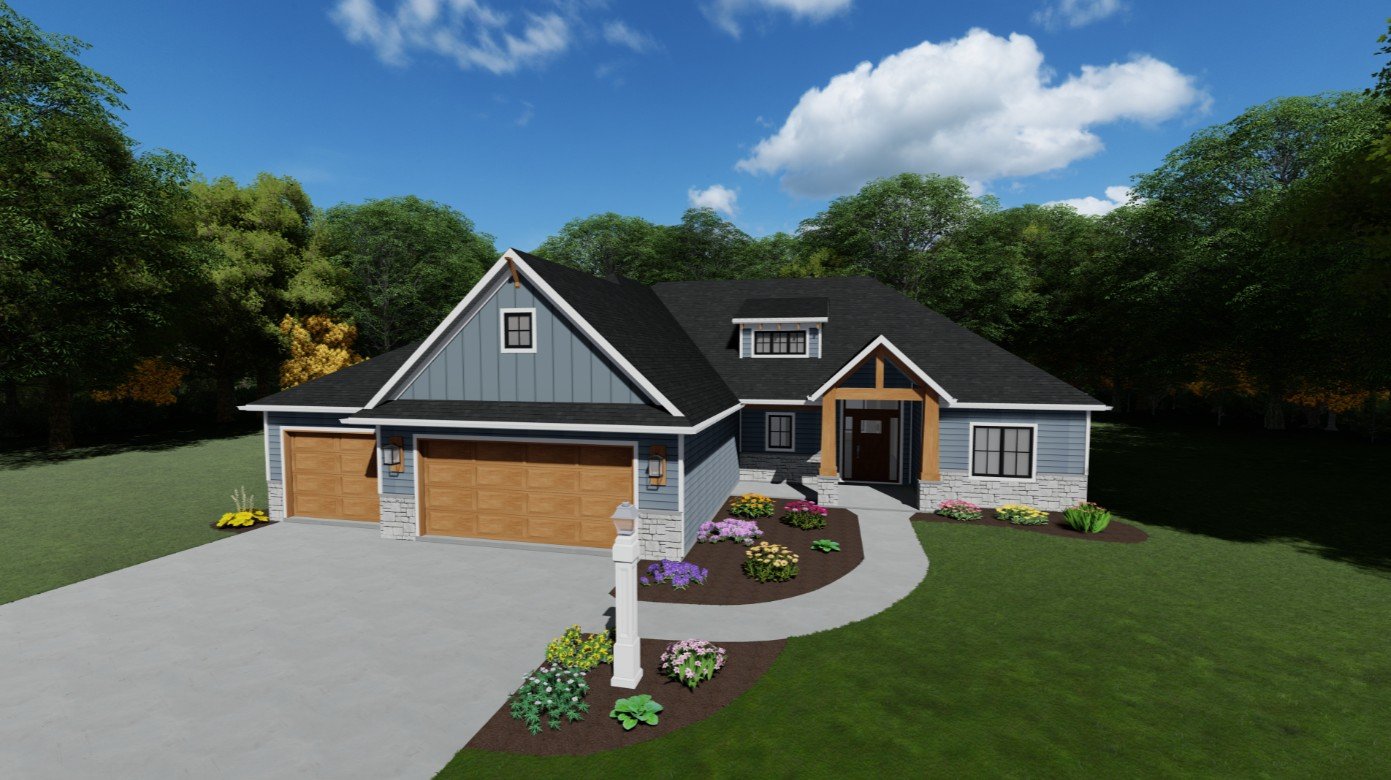 Front view of a modern house with a three-car garage, landscaped yard with flowers, a sidewalk leading to the front door, and trees in the background under a blue sky with clouds.