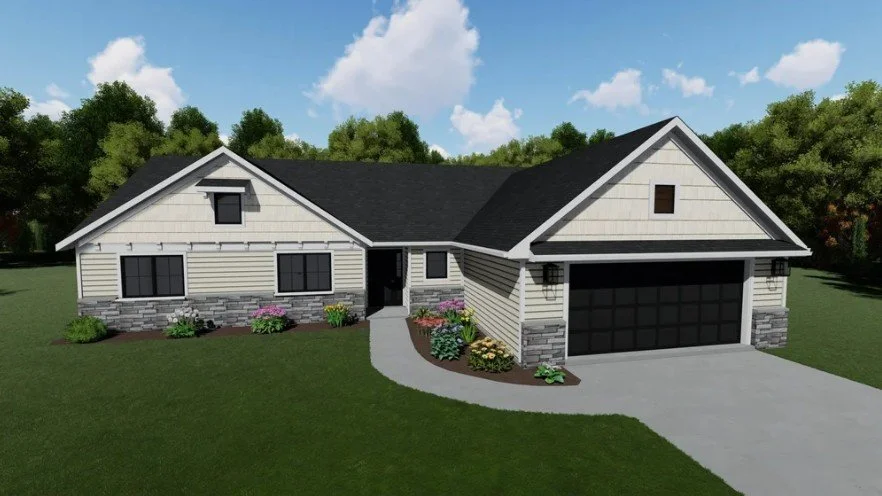 A modern single-story house with a black garage door, white siding, stone accents, and a sloped roof, surrounded by green grass and trees.